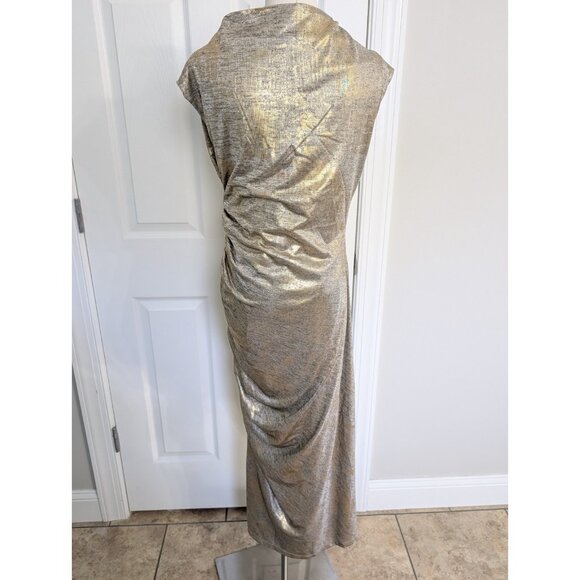Anthropologie Sz M Maya Ruched Cowl-Neck Midi Dress Shine Edition Metallic Gold - Picture 7 of 11